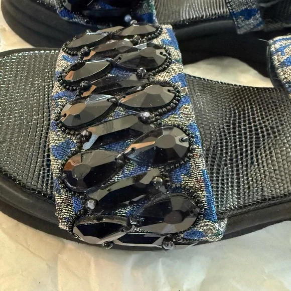 Dries Van Noten Black and Blue Sandals, Jet Beads and Lizard embossed leather - Picture 3 of 10